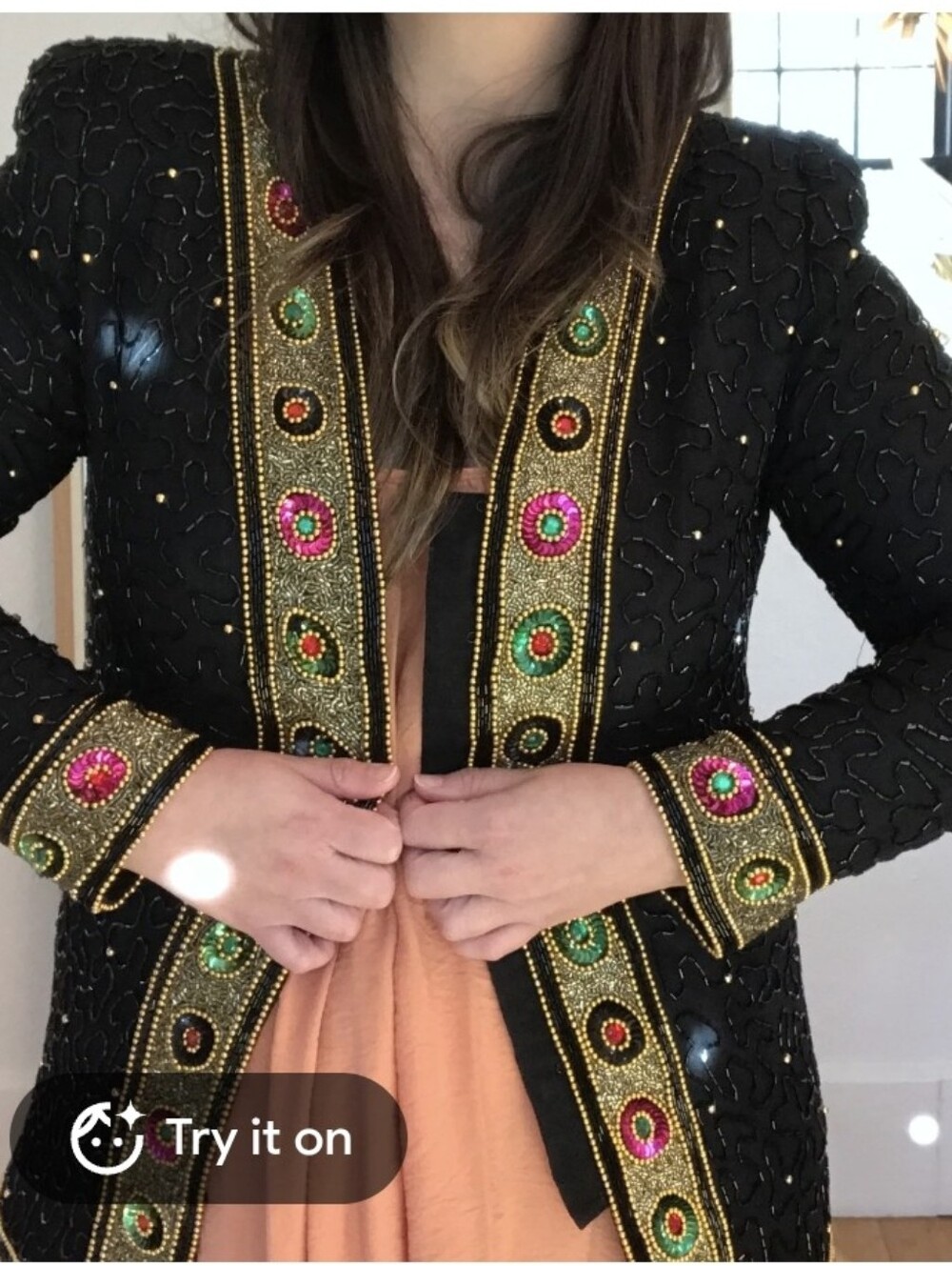 Laurence Kazar Black Beaded Blazer with Gold, Pink & Green Accents